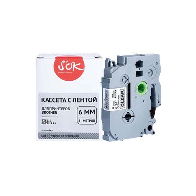 Кассета с лентой TZE-111 для Brother PT-E550WVP, PT-H110, PT-P700 S'OK черный на прозрачном, 6мм/8м, наклейка фото