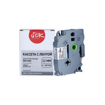 Кассета с лентой TZE-135 для Brother PT-E550WVP, PT-H110, PT-P700 S'OK белый на прозрачном, 12мм/8м, наклейка фото