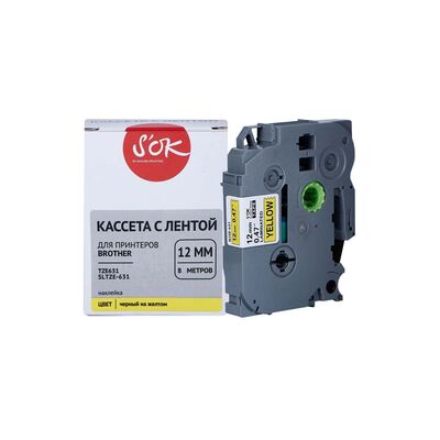 Кассета с лентой TZE-631 для Brother PT-E550WVP, PT-H110, PT-P700, PT-E110VP S'OK черный на желтом, 12мм/8м, наклейка фото