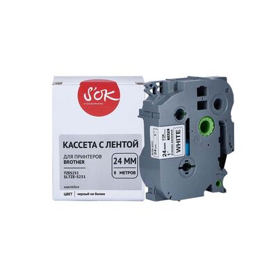 Кассета с лентой TZE-S251 для Brother  PT-E550WVP,  PT-P700,  PT-D600VP S'OK черный на белом, 24мм/8м, наклейка фото