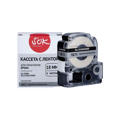 Кассета с лентой C53S655008 для Epson LW-400, LW-600P, LW-700 S'OK черный на прозрачном, 18мм/8м, прозрачная фото