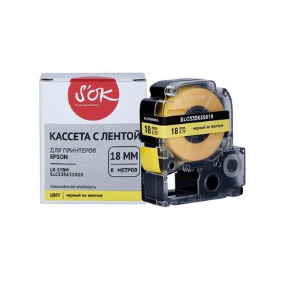 Кассета с лентой C53S655010 для Epson LW-400, LW-600P, LW-700 S'OK черный на желтом, 18мм/8м, повышенная клейкость фото